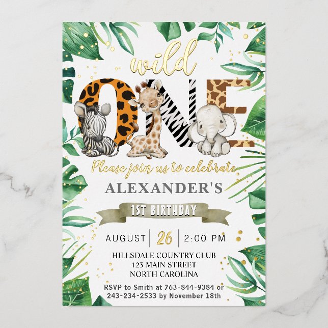 Safari Wild One Birthday Party Real Foil Invitatio (Front)