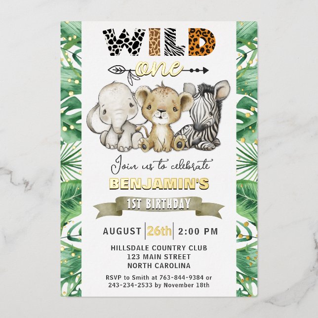 Safari Wild One Birthday Party Real Gold Foil Invi (Front)