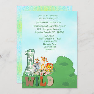 Safari Wild One Blue Green Birthday Party Invitation