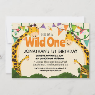 Safari Wild one Giraffe Simple First Birthday Baby Invitation