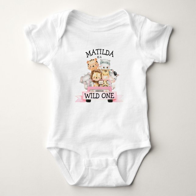 Safari Wild One Girl 1st Birthday  Baby Bodysuit (Front)