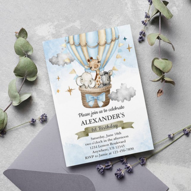 Safari Wild One Hot Air Balloon Birthday Party Invitation (Creator Uploaded)