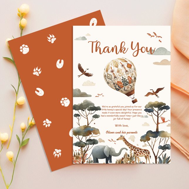 Safari Wild One Hot Air Balloon & Jungle Birthday Thank You Card (Creator Uploaded)