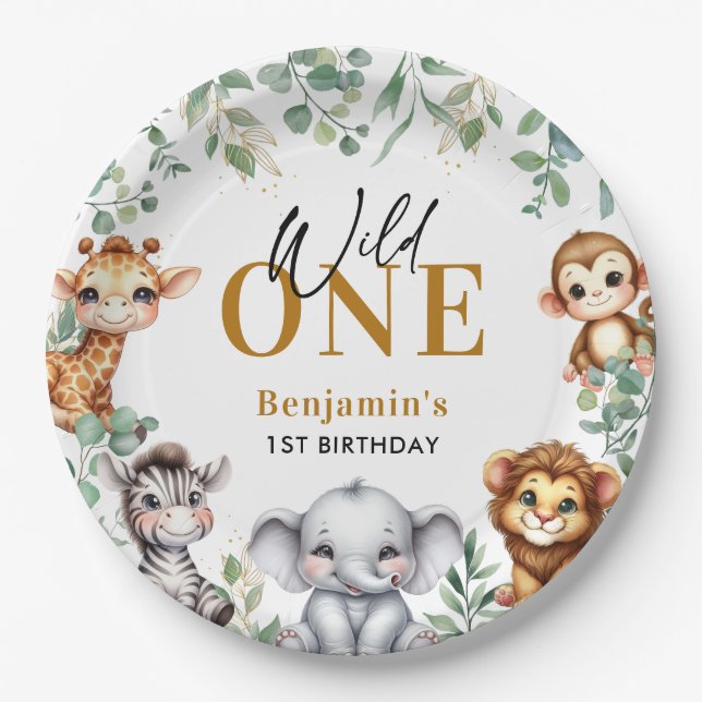Safari Wild One | Jungle Animals 1st Birthday Paper Plate (Front)