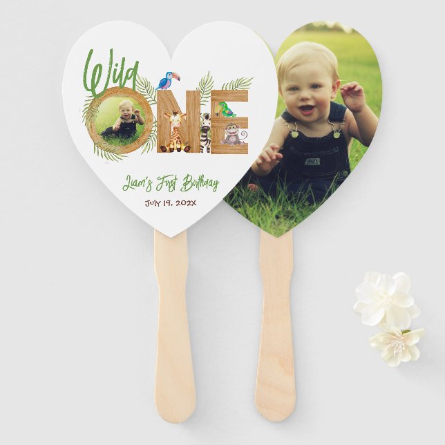 Safari Wild One Photo 1st Birthday Animals Wood Na Hand Fan (Front and Back)