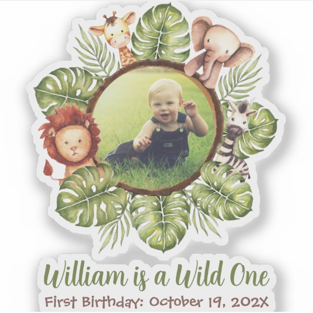 Safari Wild One Photo Cute Animals Green Leaves (Front)