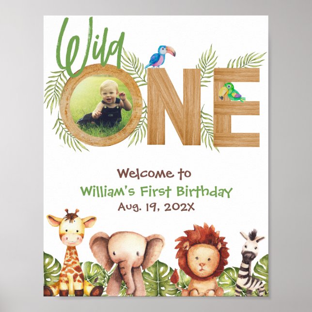 Safari Wild One Photo Wood First Birthday Welcome  Poster (Front)