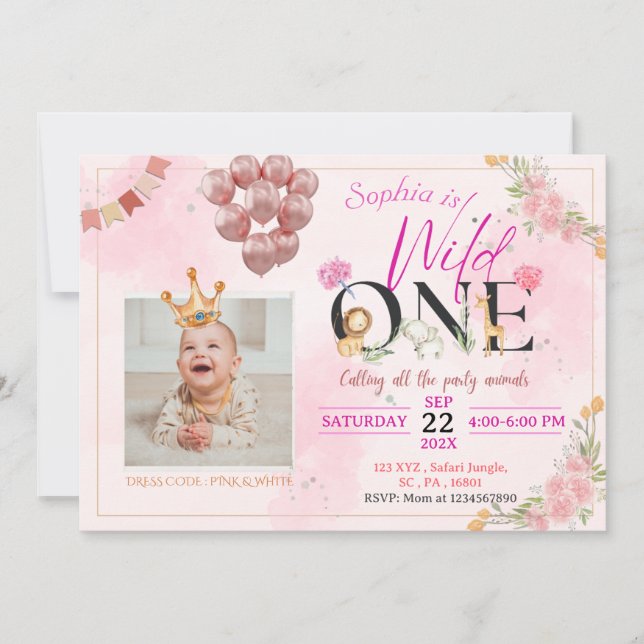 Safari Wild ONE Pink Floral For Girl Birthday Invitation (Front)