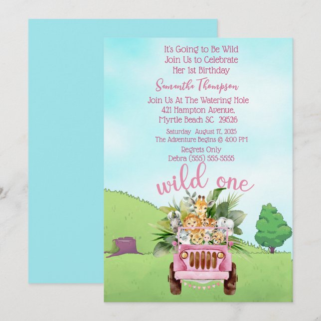 Safari Wild One Pink Girls Birthday Party     Invitation (Front/Back)