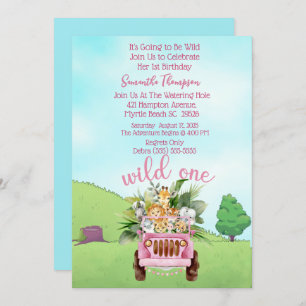 Safari Wild One Pink Girls Birthday Party     Invitation