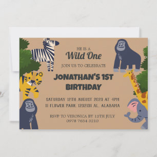Safari Wild one Simple Cute First Birthday Baby In Invitation