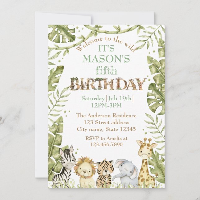Safari Wild One Watercolor Birthday Invitation (Front)