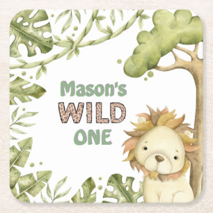 Safari Wild One Watercolor Birthday Square Paper Coaster