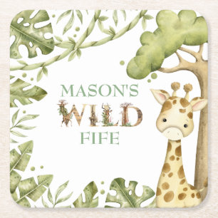 Safari Wild One Watercolor  Birthday Square Paper Coaster