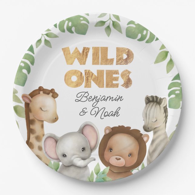 Safari Wild Ones Twins 1st Birthday Paper Plate (Front)