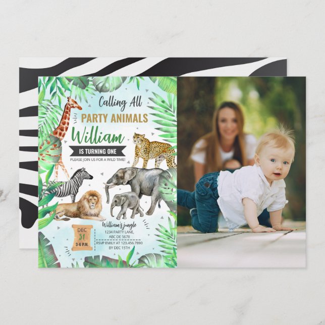 Safari Wild Party Animals Birthday Photo Invitation (Front/Back)