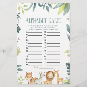 Safari Wild Zoo Animals Alphabet Baby Shower Game Stationery