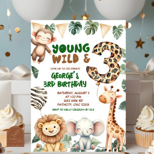 Safari Young wild and three birthday Invitation