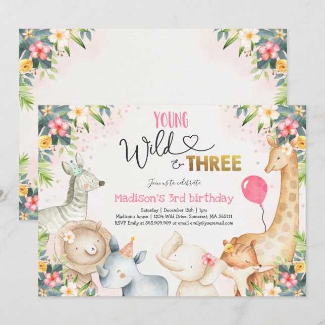 Safari Young Wild And Three Birthday Invitation (Front/Back)