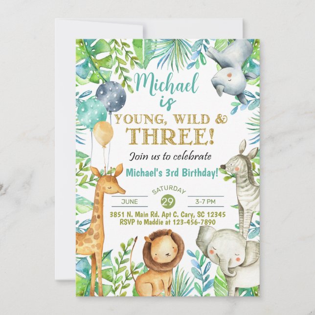 Safari Young Wild Three boy 3rd birthday invite. Invitation (Front)