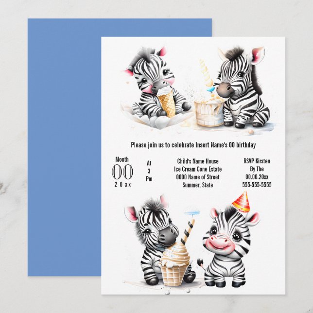 Safari zebra ice cream party kids summer party invitation (Front/Back)