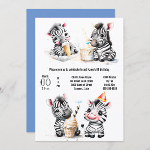 Safari zebra ice cream party kids summer party invitation