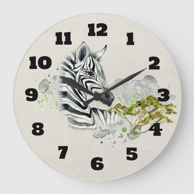 Safari Zebra With Green Savannah Trees Watercolor Large Clock (Front)
