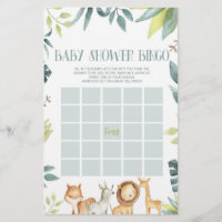 Safari Zoo Jungle Animals Bingo Baby Shower Game