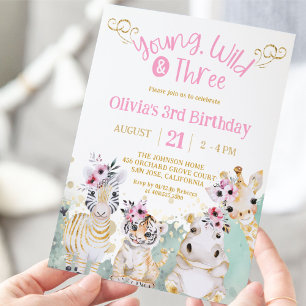 Safari Zoo Pink Gold Floral Girl 3rd Birthday Invitation