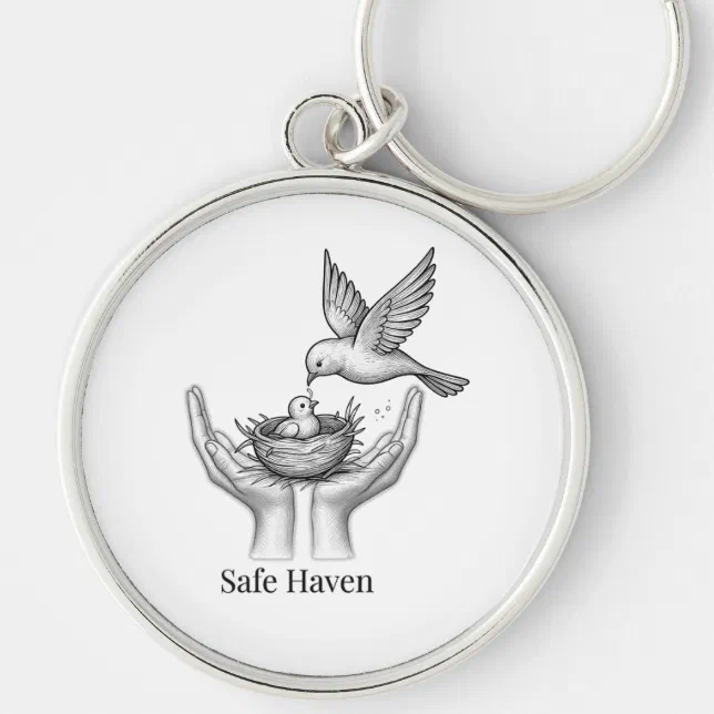 Bird Ringing Drawing Safe Haven - Bird in Human Hands Nature Art Market Key Ring | Zazzle