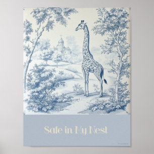 Safe In My Nest Blue Giraffe Nursery Poster