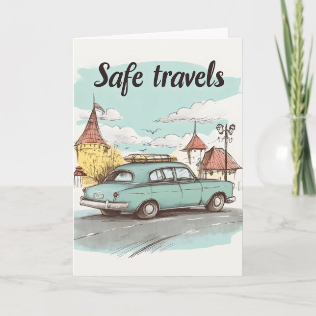 Safe Travels Retro Car Holiday Card (Front)