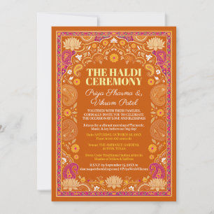 Saffron Haldi Invite Pink Paisley Lotus Border