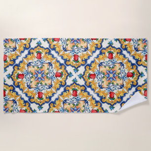 Saffron Red Floral Sicilian Majolica Mediterranean Beach Towel