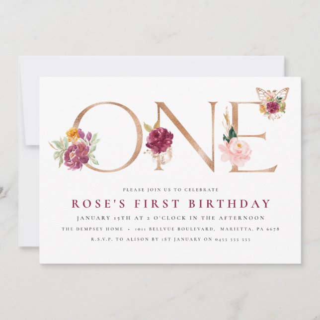 Saffron Rose Gold Floral Butterfly 1st Birthday  Invitation (Front)