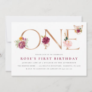 Saffron Rose Gold Floral Butterfly 1st Birthday  Invitation