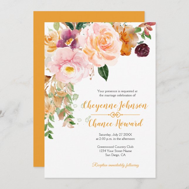 Saffron Yellow Pink Mauve Rustic Wedding | Invitation (Front/Back)