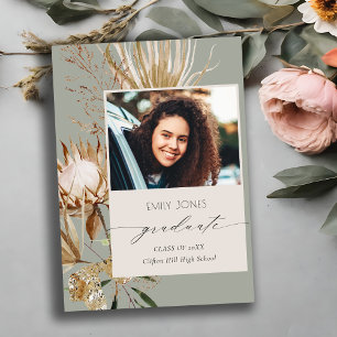 Saga Green Protea Dry Palm Floral Photo Graduation Announcement