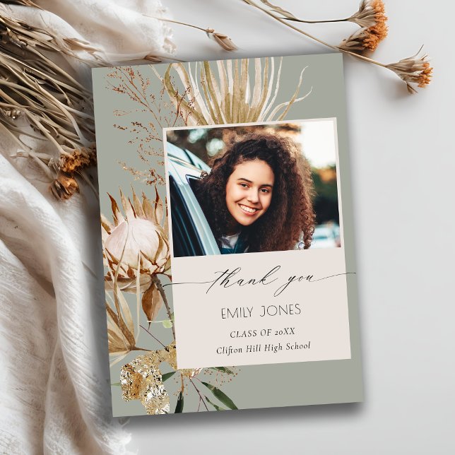 Saga Green Protea Dry Palm Floral Photo Graduation Thank You Card (Creator Uploaded)
