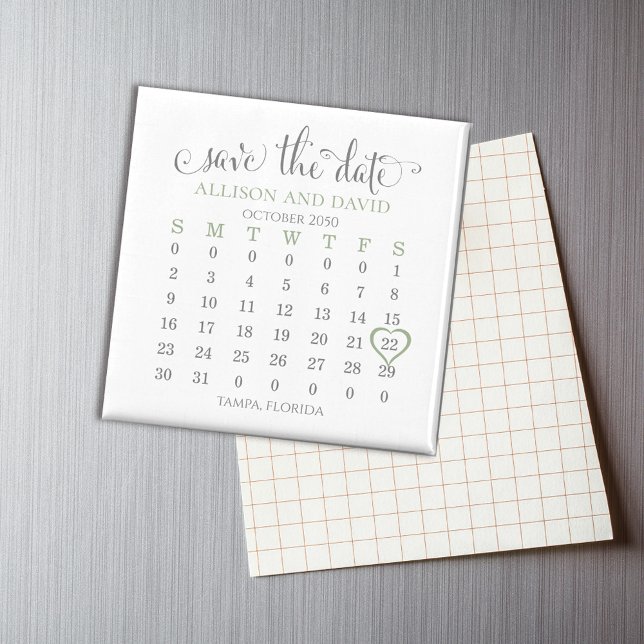 Sage 6 Rows Green Calendar Save the Date Wedding Magnet (Creator Uploaded)