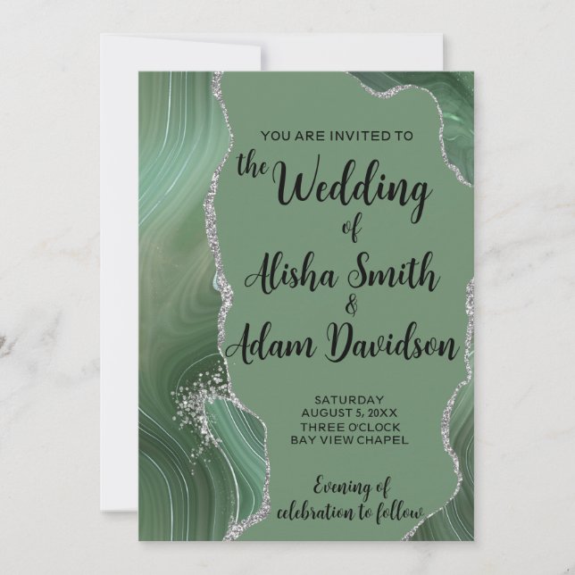 Sage Agate & Silver Glitter Wedding Invitation (Front)