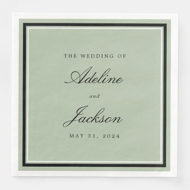 Sage and Black Border Classic Traditional Wedding Napkin (Front)
