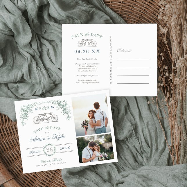 Sage and Blue Bicycle 2 Photo Save the Date Announcement Postcard (Creator Uploaded)