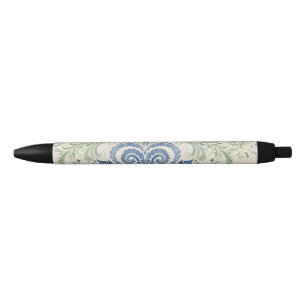 Sage and Blue Organic Leafy Paisley Swirls Black Ink Pen