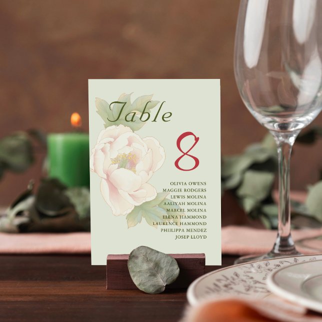 Sage and Blush Peony Floral Guest Name Table Number (Creator Uploaded)