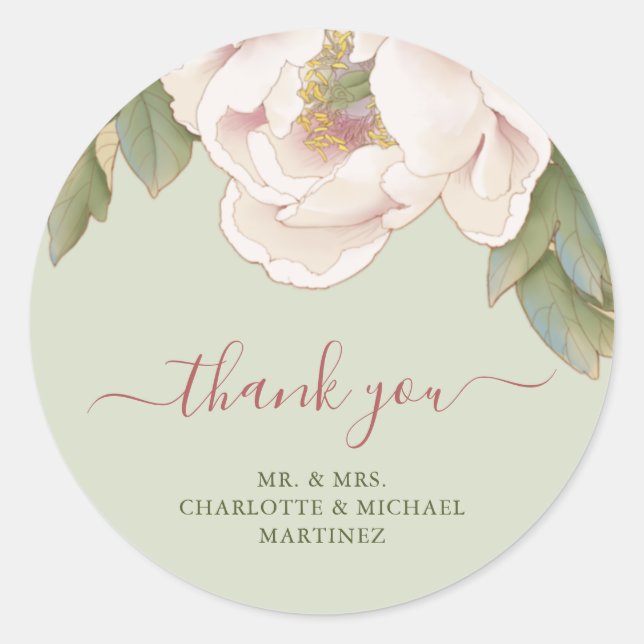 Sage and Blush Peony Rose Wedding Thank You Classic Round Sticker (Front)