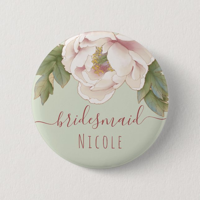 Sage and Blush Pink Peony Floral Bridesmaid  6 Cm Round Badge (Front)