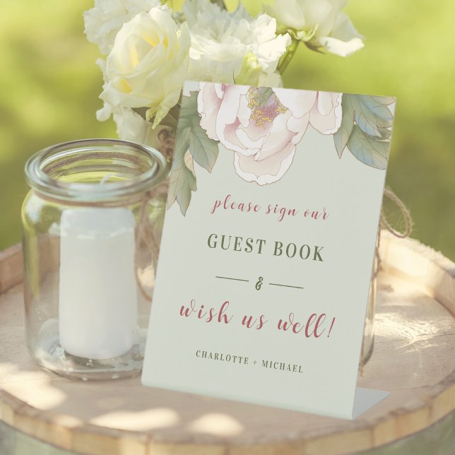 Sage and Blush Pink Peony Wedding Guestbook  Pedestal Sign (Creator Uploaded)