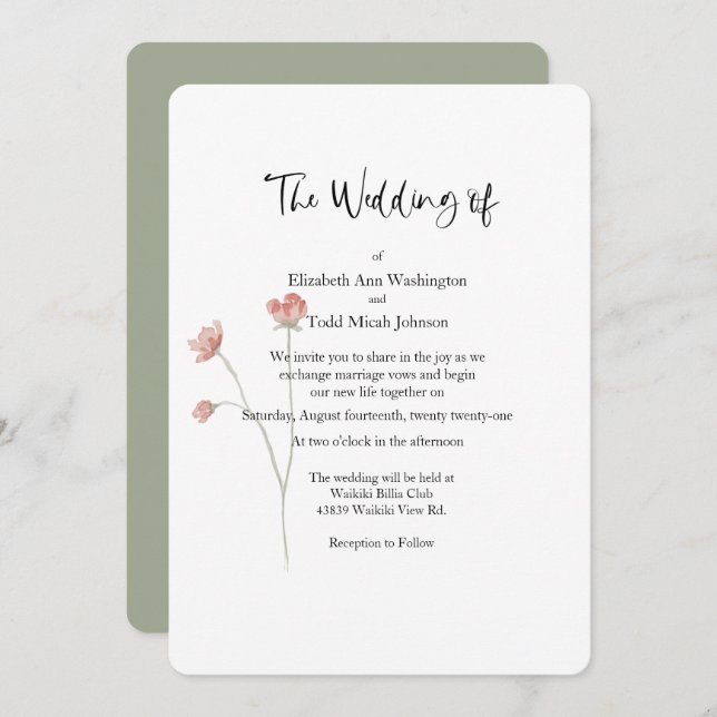 Sage and Blush Watercolor Wedding Invitation (Front/Back)