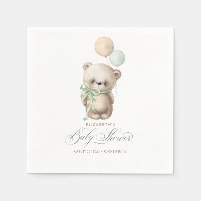 Sage and Brown Teddy Bear Baby Shower Napkin (Front)